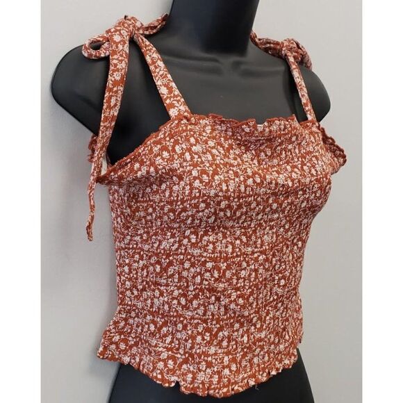 Dizzy Lizzy Smocked Crop Top Women's XL Rust‎ Orange White Floral Tie-Straps NEW - Picture 10 of 11